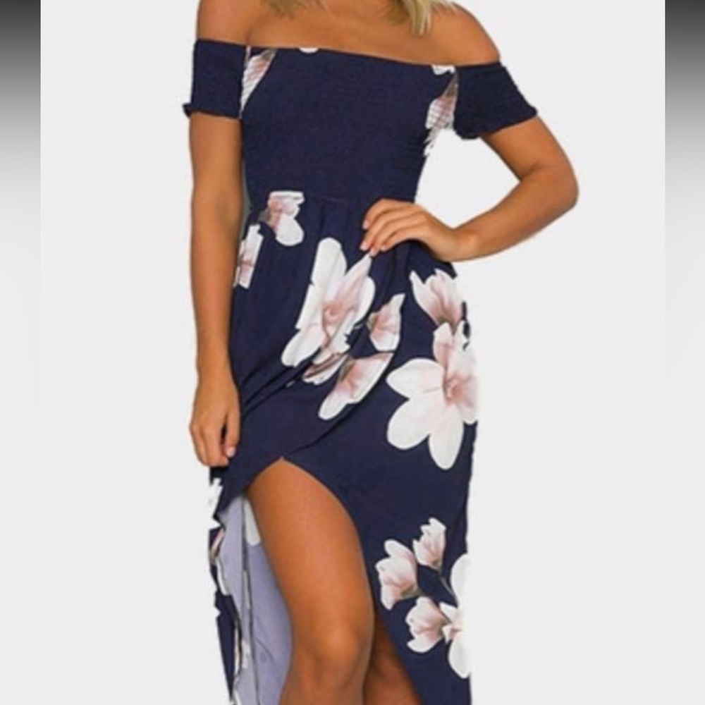YOINS NAVY BLUE FLORAL DRESS Aline MAXI OFF SHOULDER STYLE WITH RUCHING TOP L